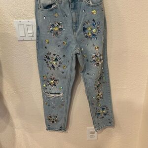 Topshop Limited Edition Embellished Light Blue Cropped Jeans